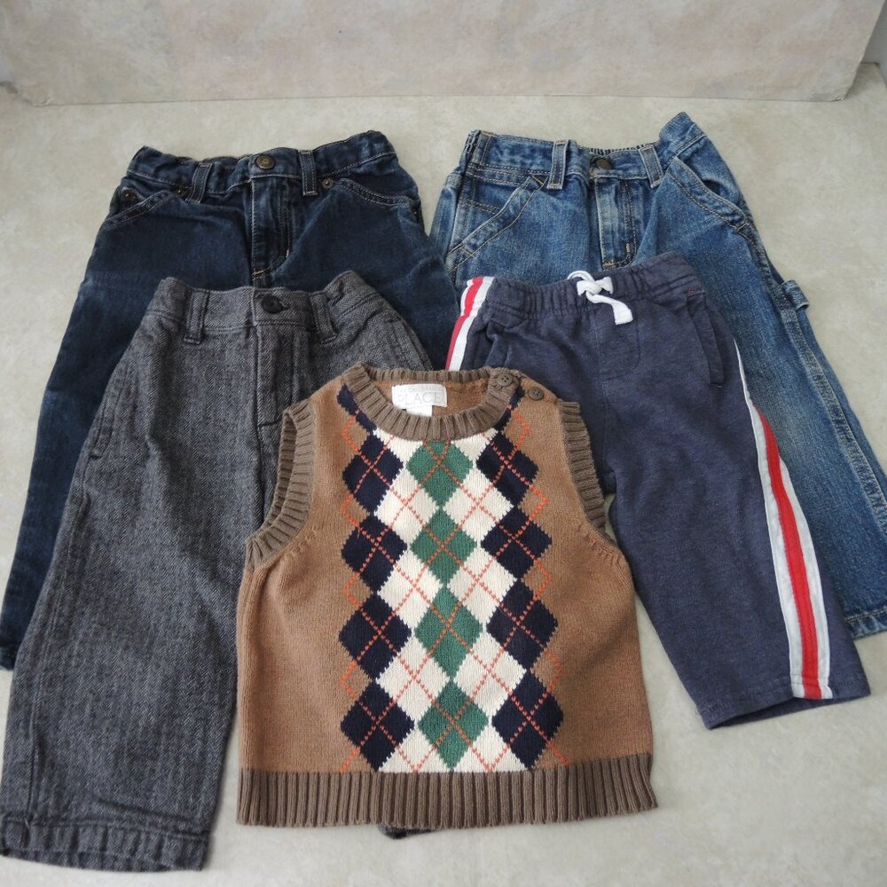 18 Mon Baby Boy Bundle Jeans, Sweatpants, Sweater Vest, Herringbone Dressy Pants